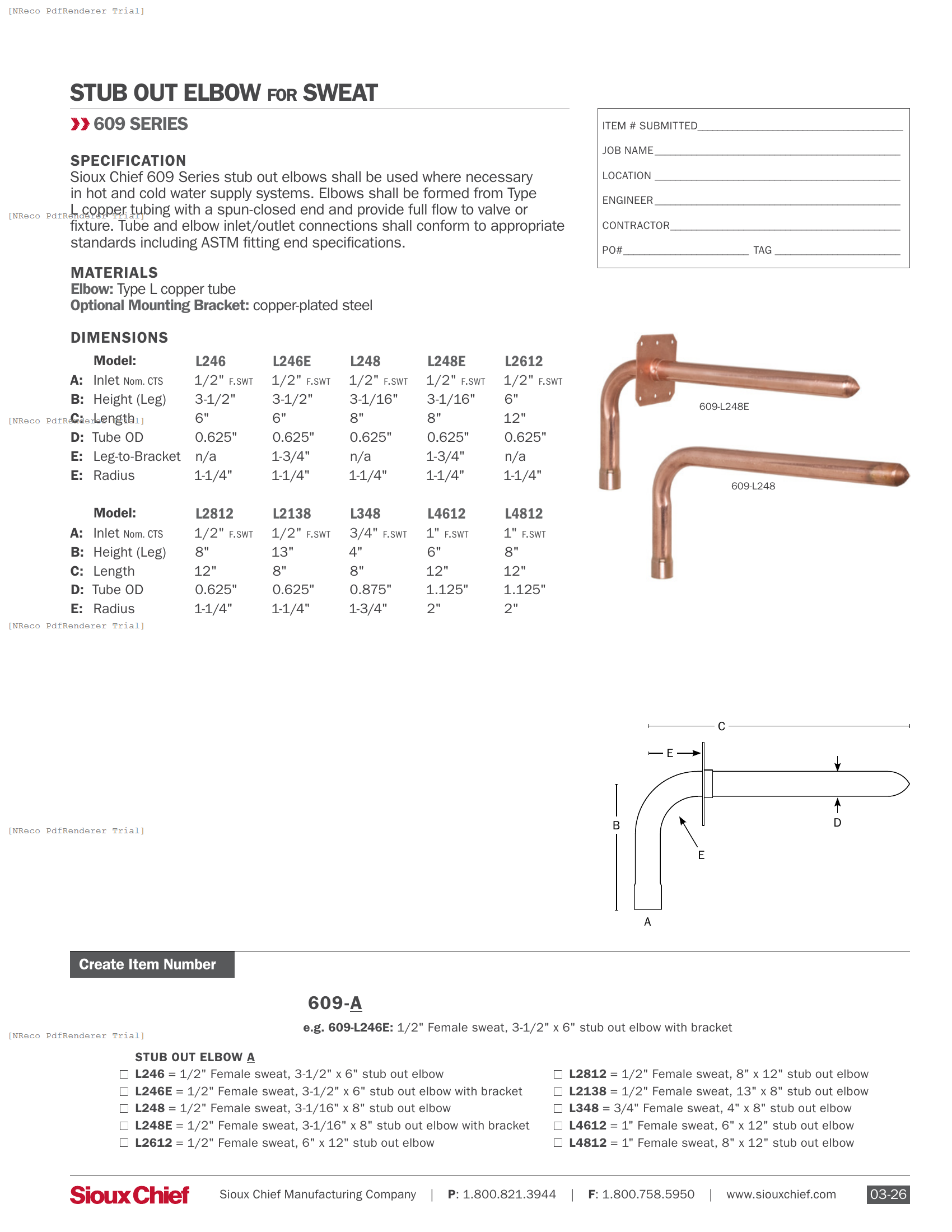 609 SERIES - STUB OUT ELBOWS - SPEC SHEET.PDF Specification Document